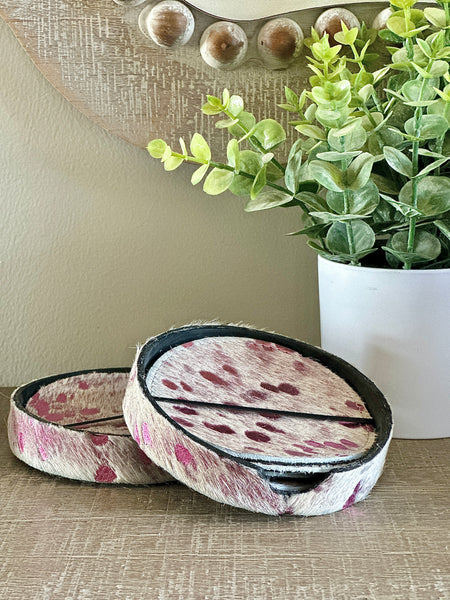 4pc Cowhide Coaster Set with Holster - Pink Acid Wash