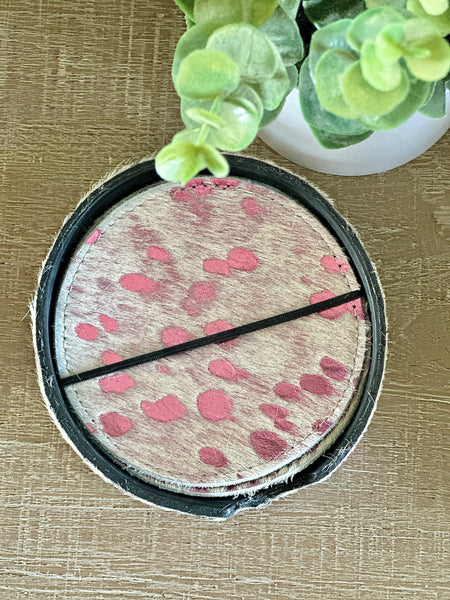 4pc Cowhide Coaster Set with Holster - Pink Acid Wash