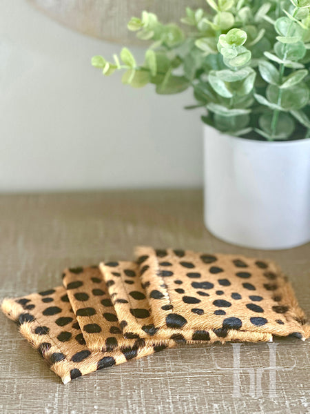 4pc Cowhide Square Coaster Set - Cheetah Print