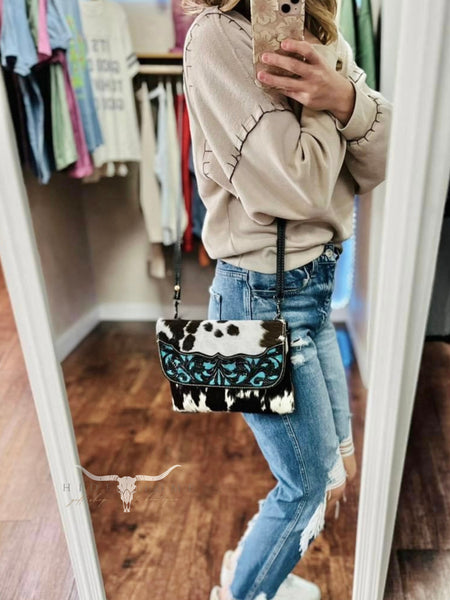 Myra Blue Crescent Hand-Tooled Bag