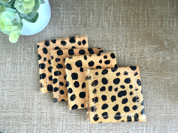 4pc Cowhide Square Coaster Set - Cheetah Print