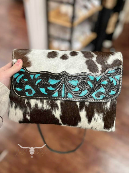 Myra Blue Crescent Hand-Tooled Bag