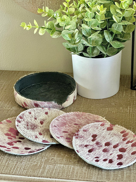 4pc Cowhide Coaster Set with Holster - Pink Acid Wash
