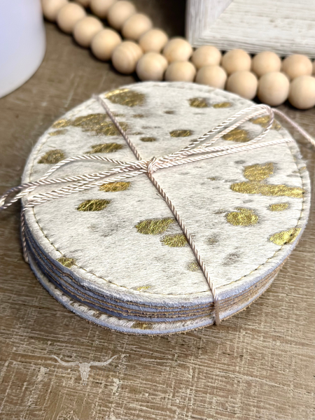 6pc Cowhide Round Coaster Set - Gold Acid Wash