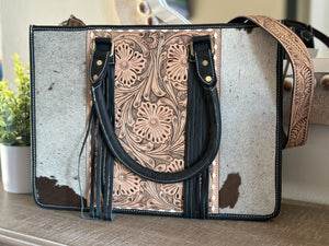 Tooled Cowhide Tote with Strap