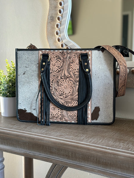 Tooled Cowhide Tote with Strap